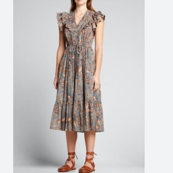 Ulla Johnson Romina Floral Midi Dress in Aegean Size 2